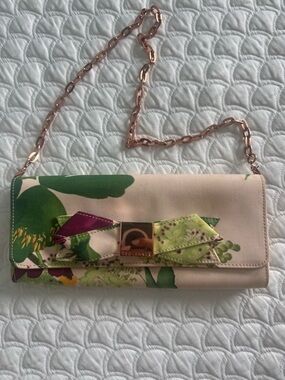 Ted Baker Cream Floral Bow Chain Clutch with Green and Purple Accents